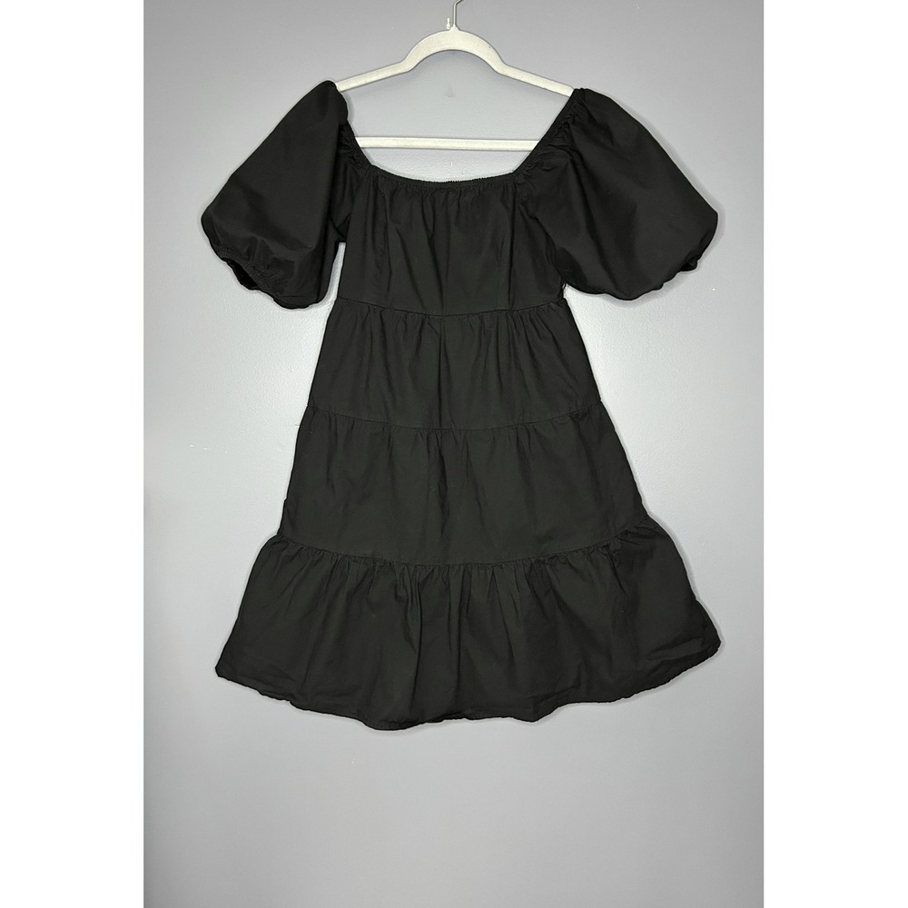 Sim & Sam Dress Womens M Black Puff Sleeve Smocked Tiered Babydoll Mini Milkmaid